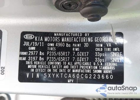 2012 Kia Sorento Lx z USA, uszkodzony, nr VIN 5XYKTCA60CG223660